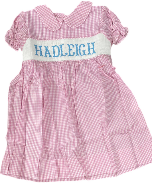 RTS: Girls Pink Gingham Name Smock Dress “Hadleigh”