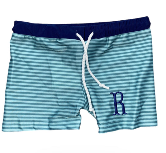 RTS: Boys Navy & Green Stripe Rash Guard Swim Shorts “R”