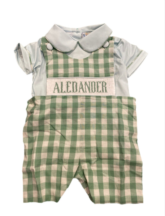RTS: DEFECT-Boys Icy Blue & Green Check Linen 2pc Name Smock Romper “Aledander”
