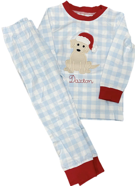 RTS: Boys Christmas Puppy Applique 2pc Knit Pj’s “Daxton”