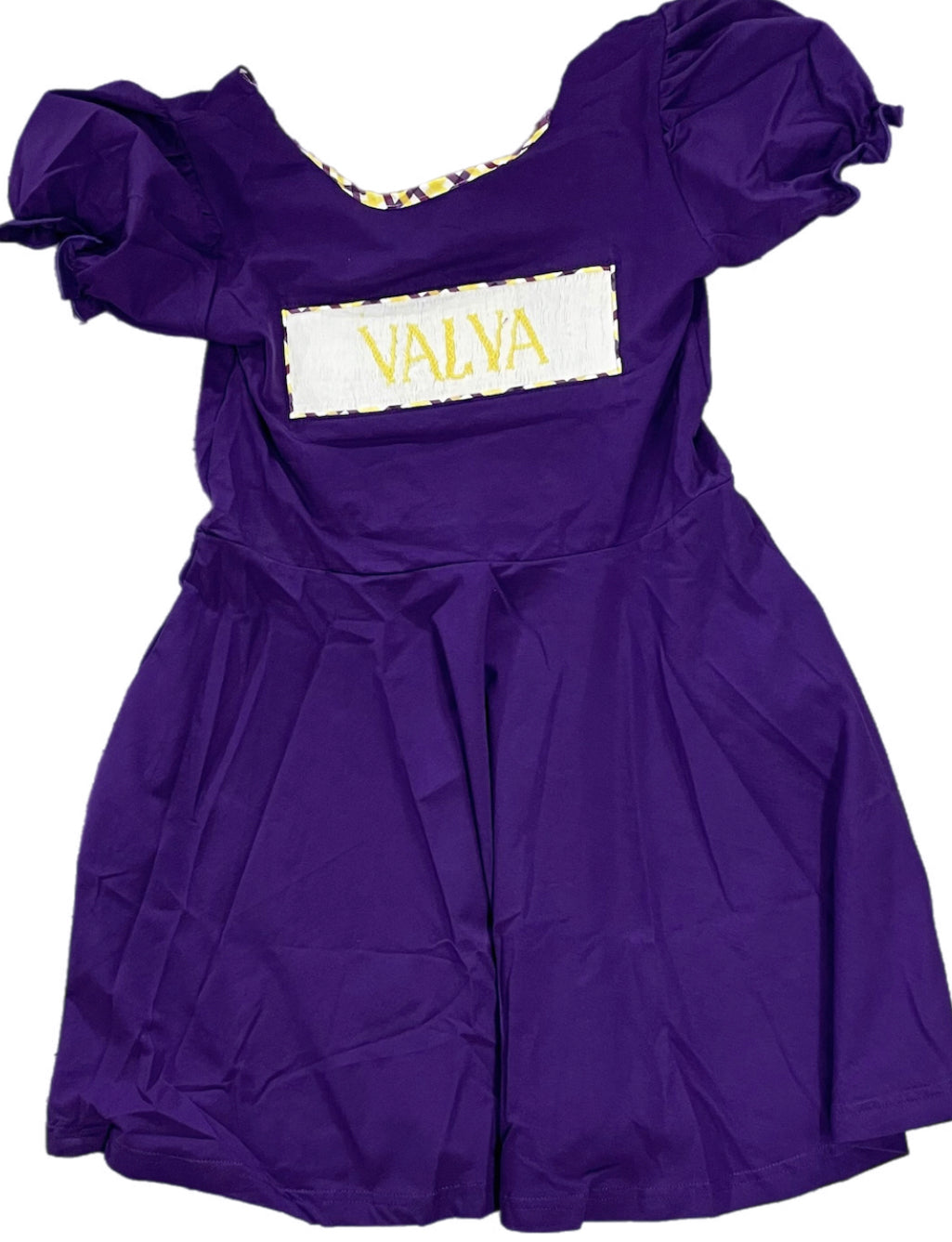 RTS: Girls Purple & Yellow Name Smock Knit Dress “Valva”