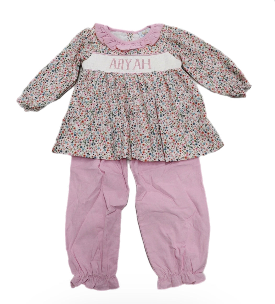 RTS: Girls Addison Floral Corduroy Name Smock Bubble Pant Set “Aryah”