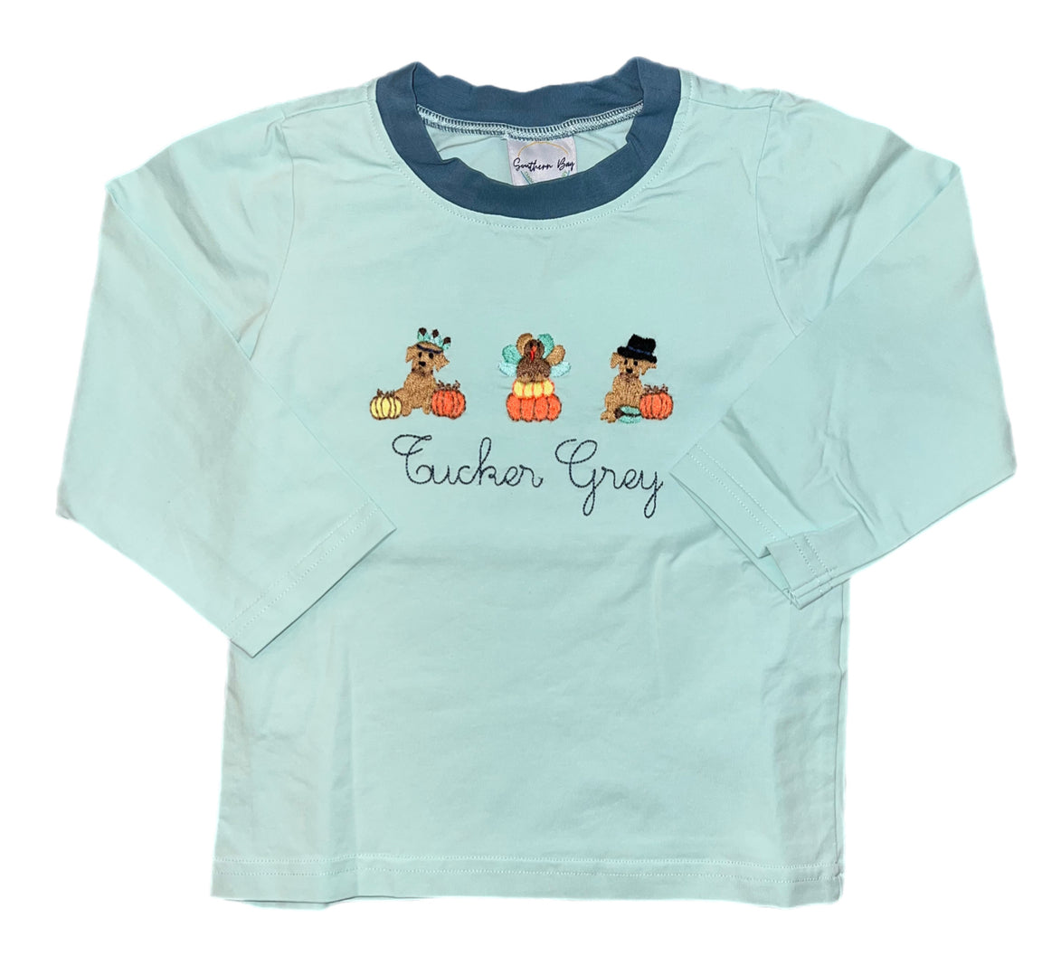 RTS: SBSC- Embroidered Puppies & Pumpkins- Boys Knit Shirt “Tucker Grey”