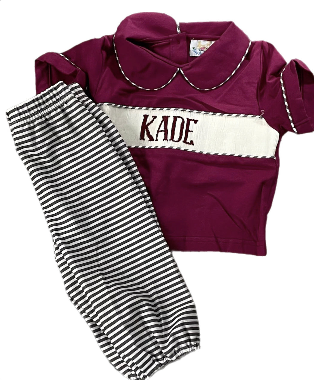 RTS: Boys Wine & Gray Stripe Knit Name Smock Bubble Pant Set "Kade"