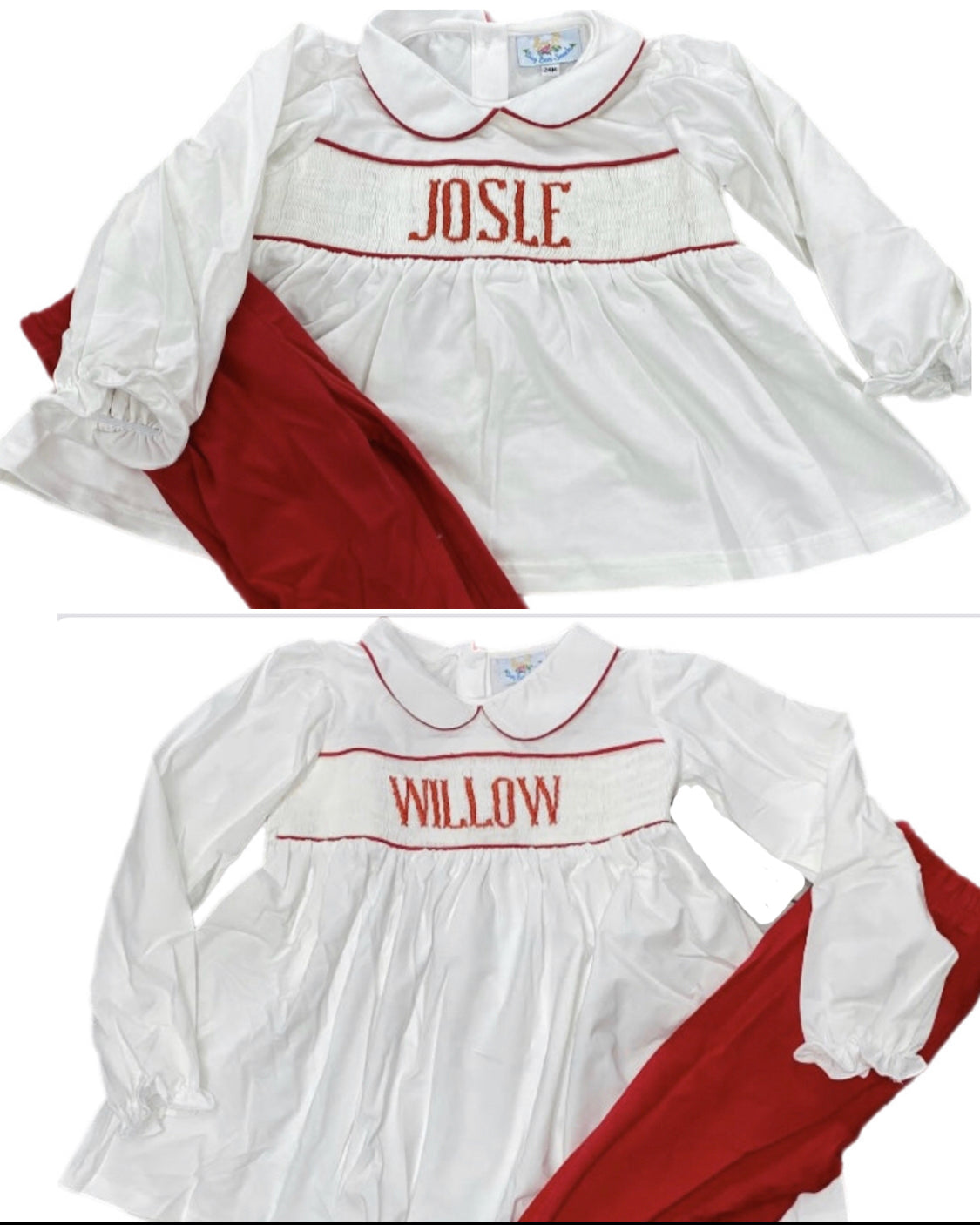 RTS: Girls Red & White Name Smock Knit Pant Set “Willow” “Josie”