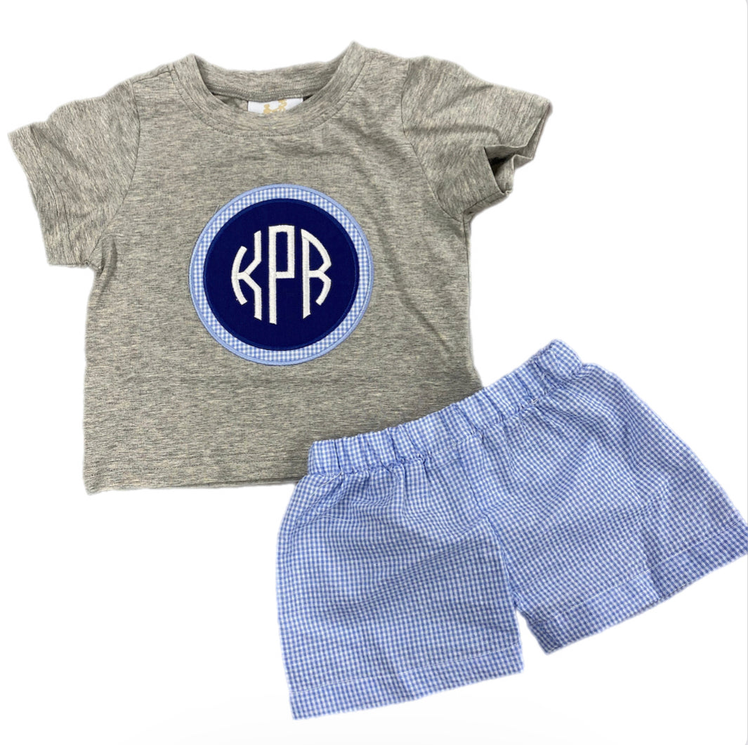 RTS: Boys Gray & Blue Gingham Seersucker Short Set "KPR"