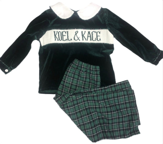 RTS: Boys Green Velvet & Plaid Name Smock Pant Set "Koel & Kace"