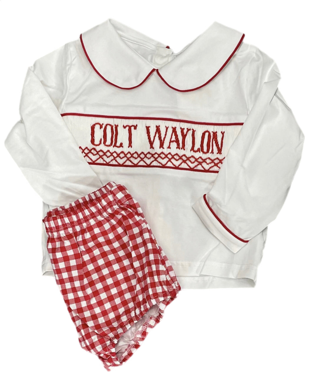 RTS: Boys Red Gingham Name Smock Knit Diaper Set “Colt Waylon”